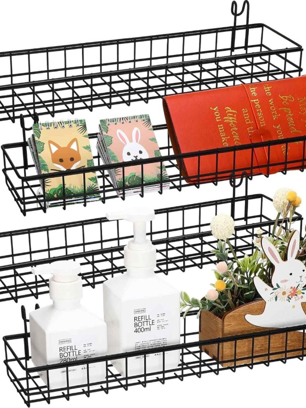 4 Pcs Grid Wall Shelf Panel Basket, 15.75 x 3.94 x 1.97 Inch, Black